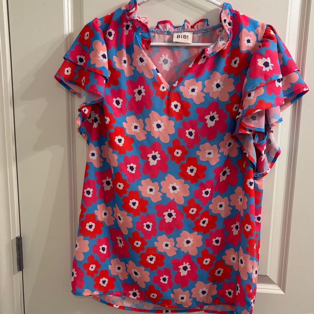 BiBi Vibrant Floral Ruffle Sleeve Blouse - Red, Pink, Blue
